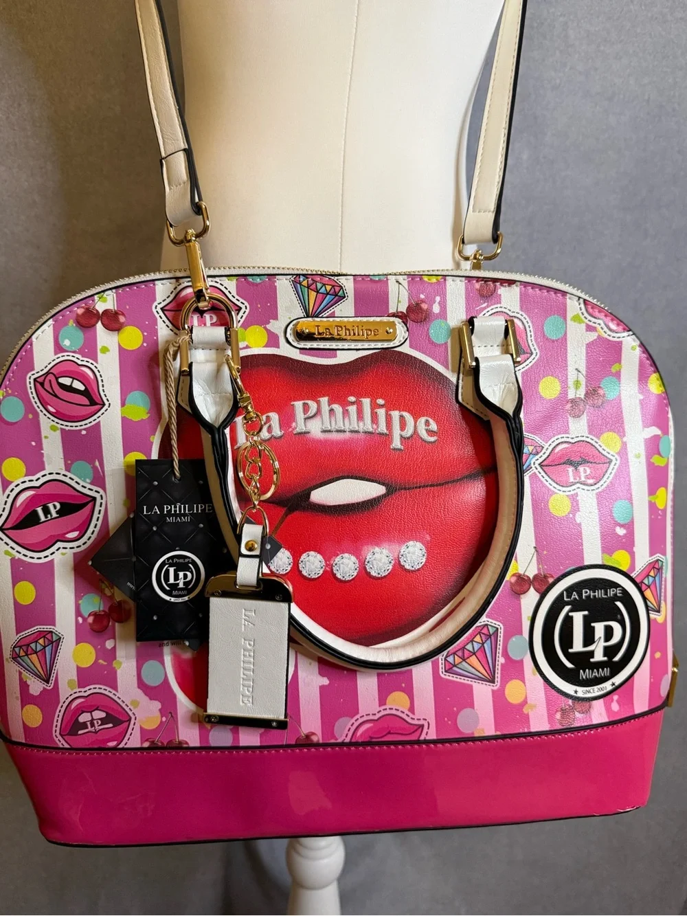La Philipe Miami Lips Satchel Crossbody Bag | Pink Pop Art | NWT